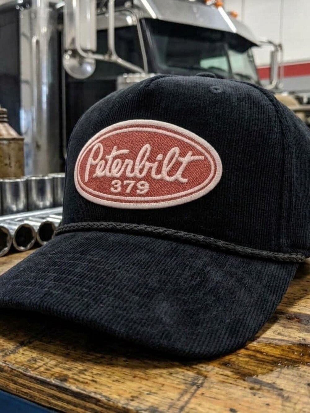 Retro Peterbilt 379 Hat Semi Truck Patch Black Corduroy Rope Snapback Cap USA Ne